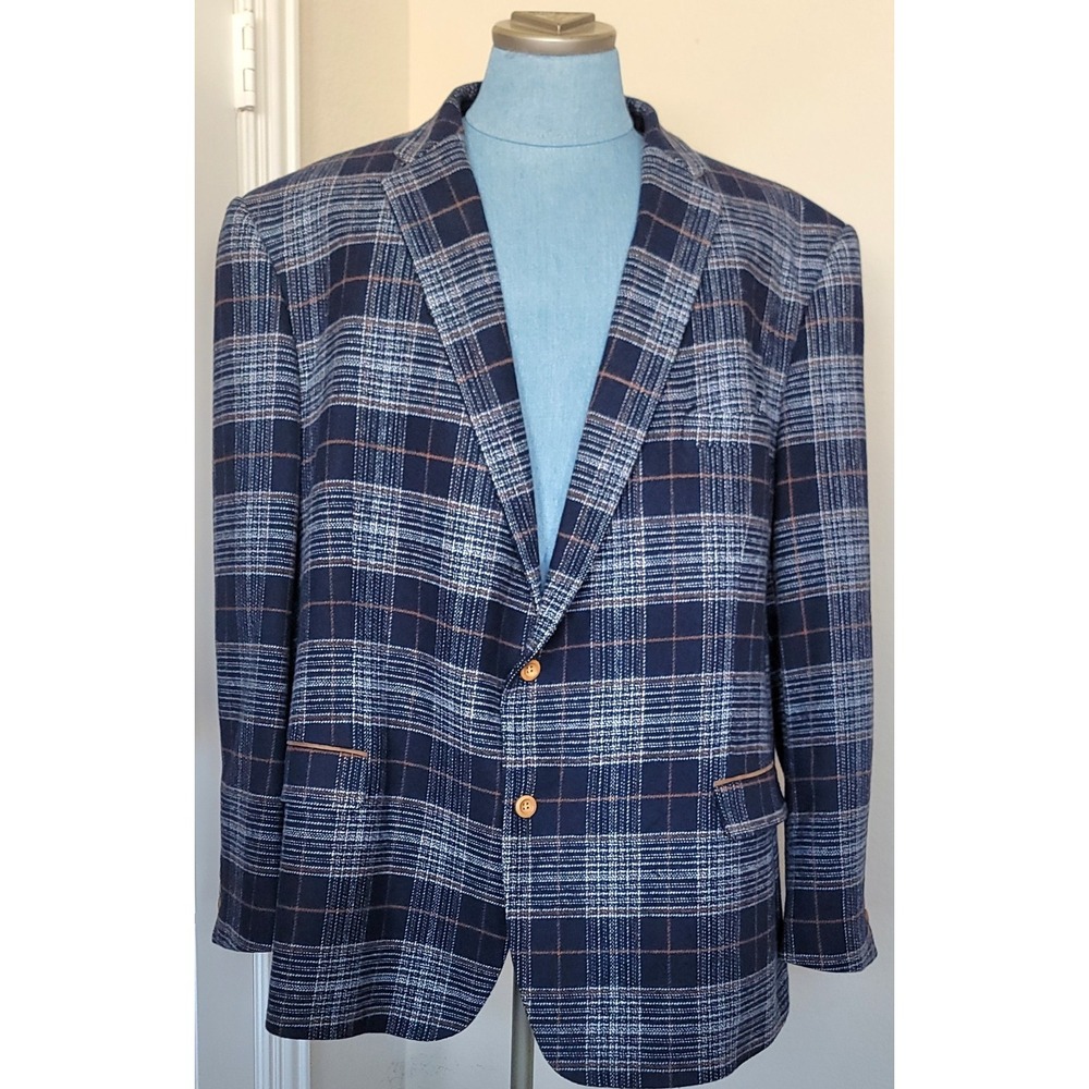 Linea Uomo Mens‎ Blazer Sport Coat Navy Plaid 58L Suade Elbow Patch Double Vent